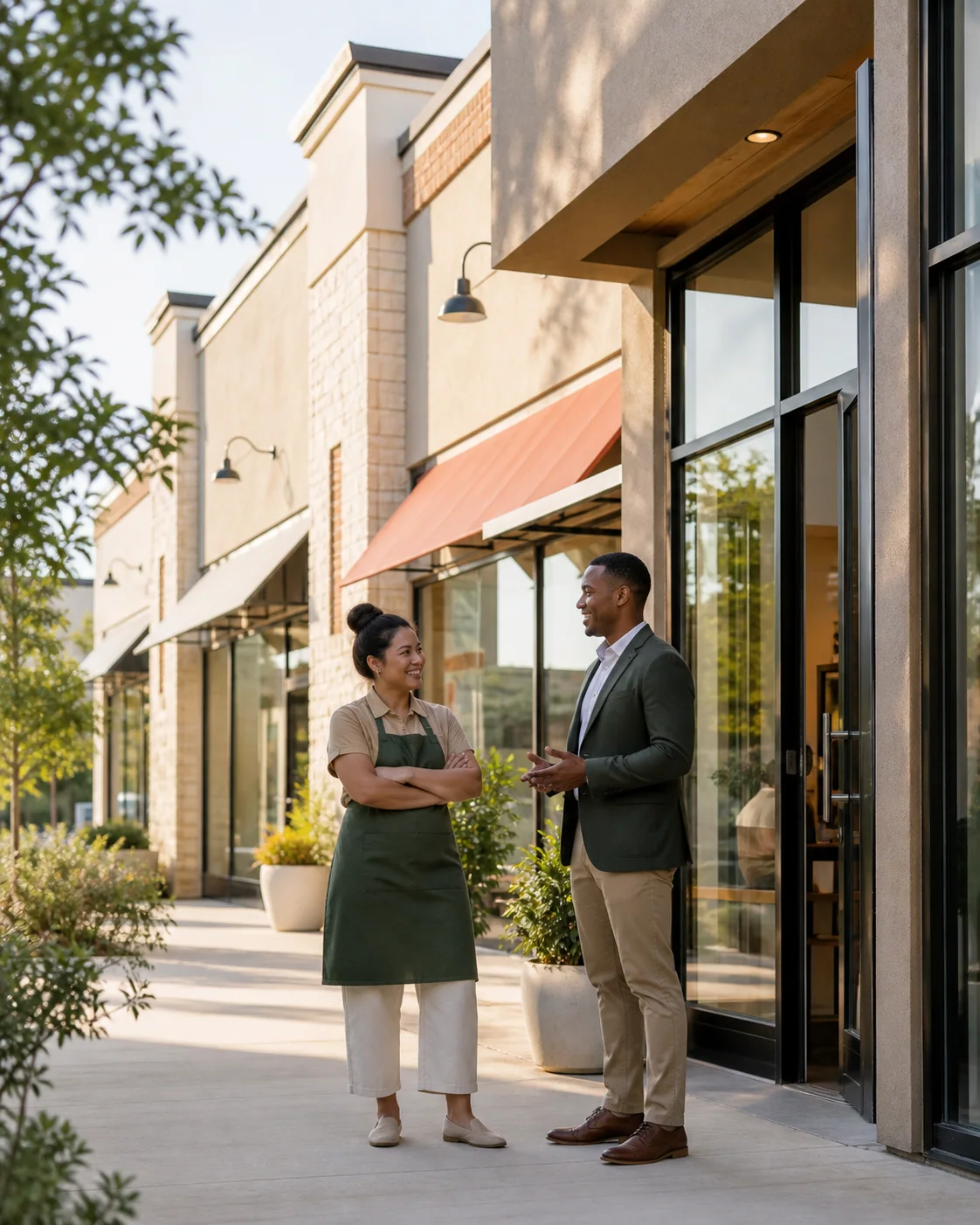 Commercial property owner speaking with a small business tenant